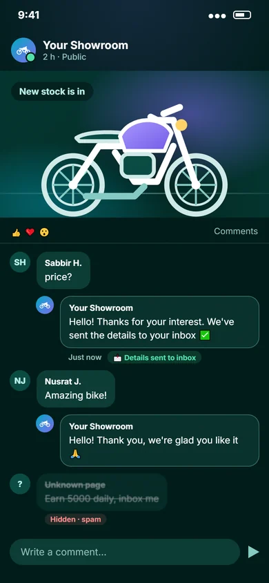 Comments under a showroom's Facebook post: the assistant answers a price question and sends details by private message, thanks a buyer for a compliment, and hides a spam comment.
