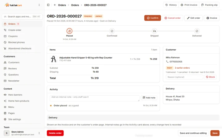 One order in the admin, with its timeline, items, a Risky badge on the customer and buttons to confirm or cancel.