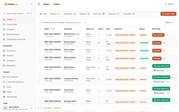 The admin orders list, with each order's status and a button for its next step: Confirm, Ship or Mark delivered.