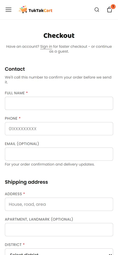 The checkout form on a phone: full name, phone and an optional email.