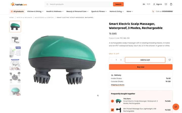A TukTakCart product page: photo gallery, price, Add to cart and Buy now buttons, and delivery fees inside and outside Dhaka.